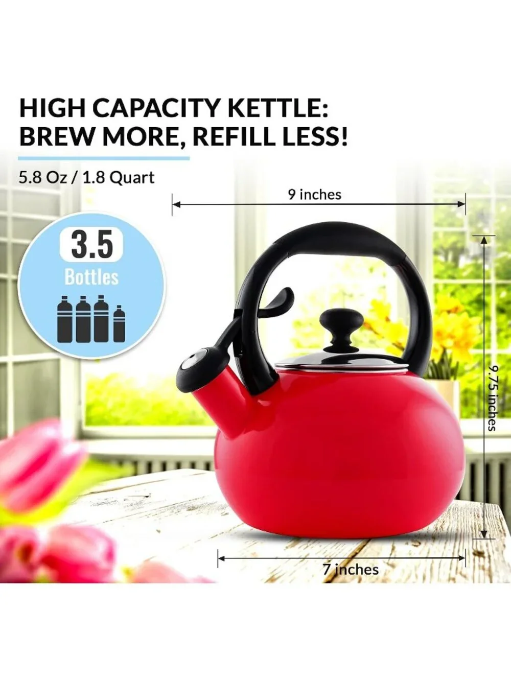 Red Whistling Tea kettle 1.8 QT  Premium Enamel on Carbon Steel Stovetop Pot